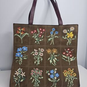 Floral Embroidered Brown Tote Bag